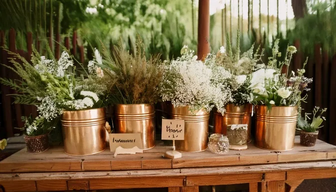 Build-your-own-bouquet floral bar with brass buckets of stems