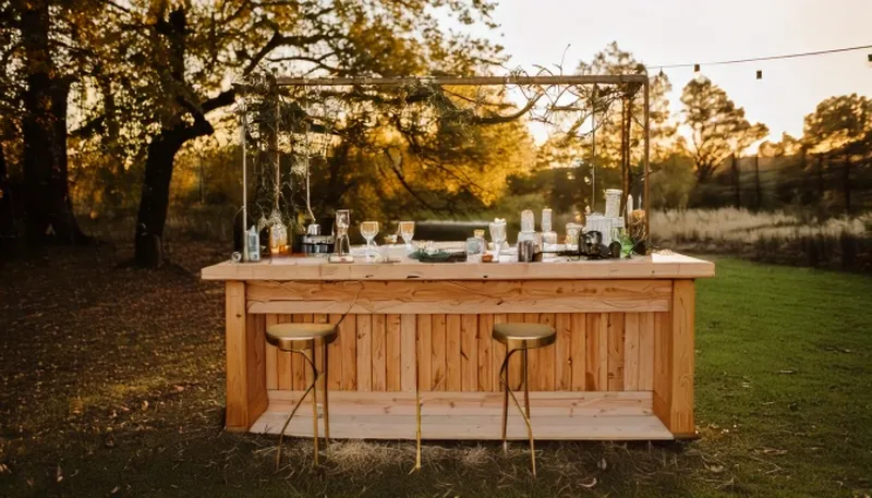 Modular wood and brass mobile bar under oak trees
